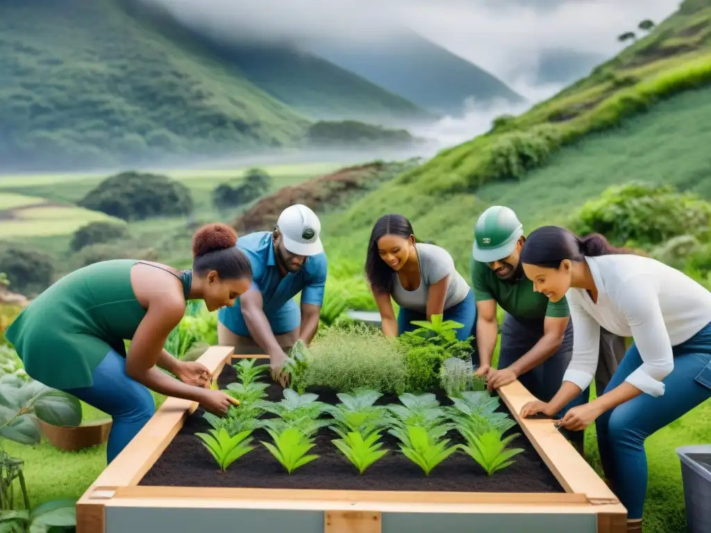 Grupo diverso en taller de Construcción sostenible espacios verdes, conectando con la naturaleza y la comunidad