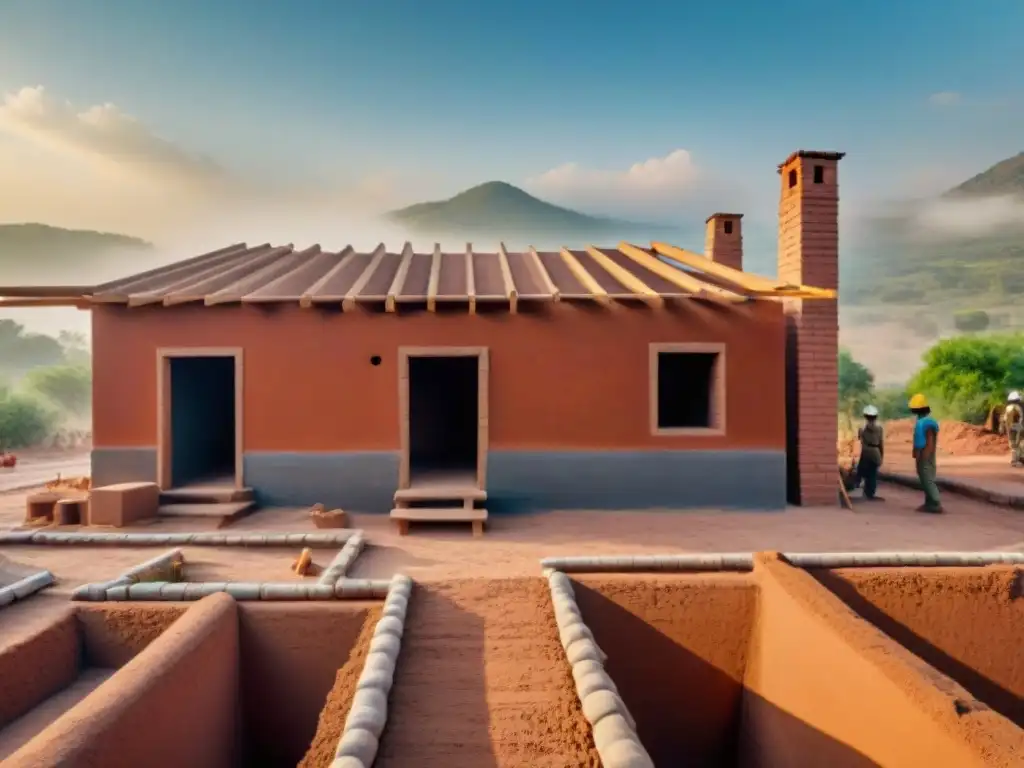 Un grupo diverso de trabajadores construyendo una casa ecológica con adobes modernos en un entorno rural soleado