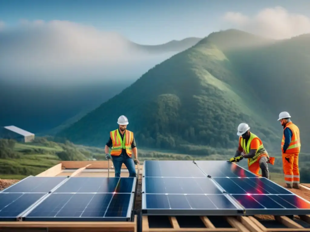 Un grupo diverso de trabajadores construyendo un edificio sostenible con materiales de eficiencia energética