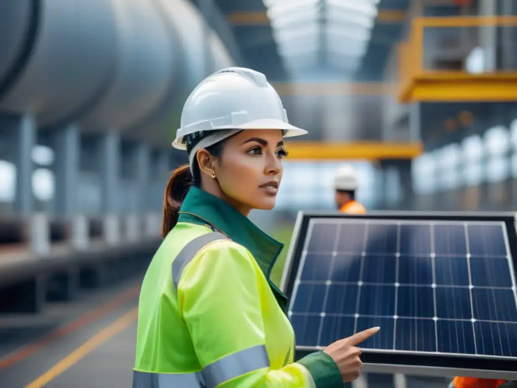 Un grupo diverso de trabajadores en equipo, realizando una auditoría energética en una fábrica moderna, discutiendo soluciones de energía sostenible