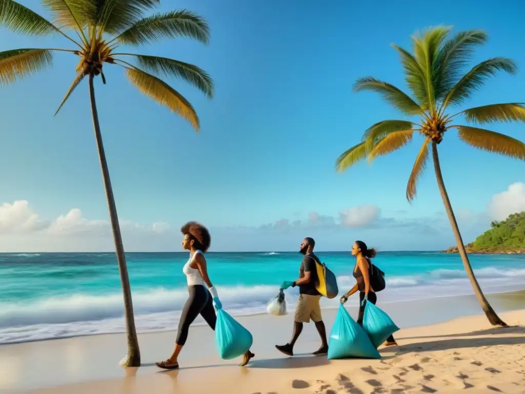 Un grupo diverso de turistas limpia la playa en el Caribe, representando la sostenibilidad y la comunidad