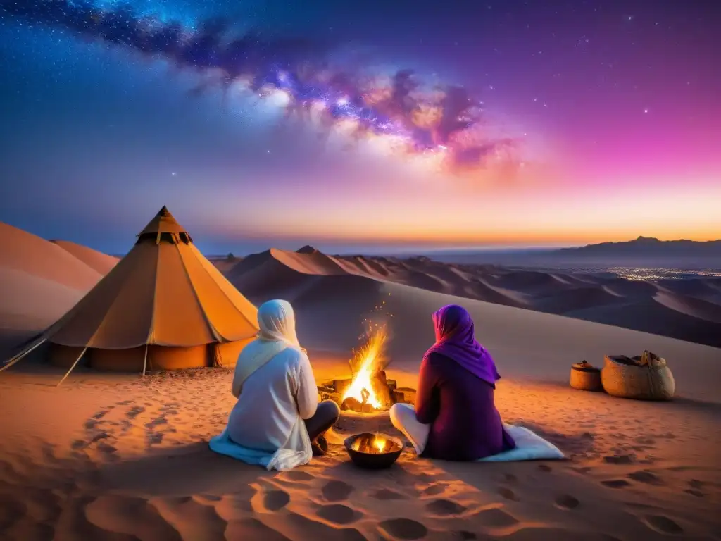 Un grupo diverso de viajeros disfruta de un campamento ecológico en el desierto sostenible, bajo un cielo estrellado y un cálido fuego