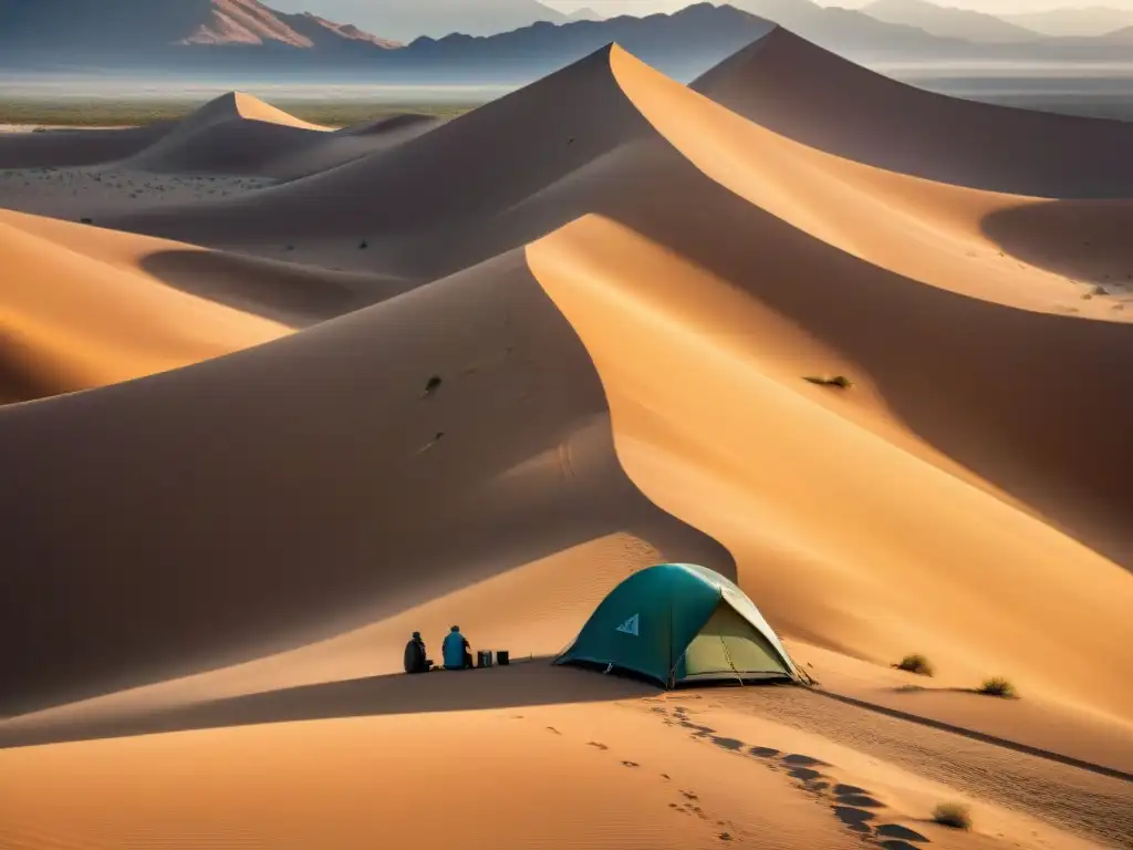 Un grupo diverso de viajeros monta campamentos ecológicos en un desierto al atardecer, transmitiendo responsabilidad y sostenibilidad