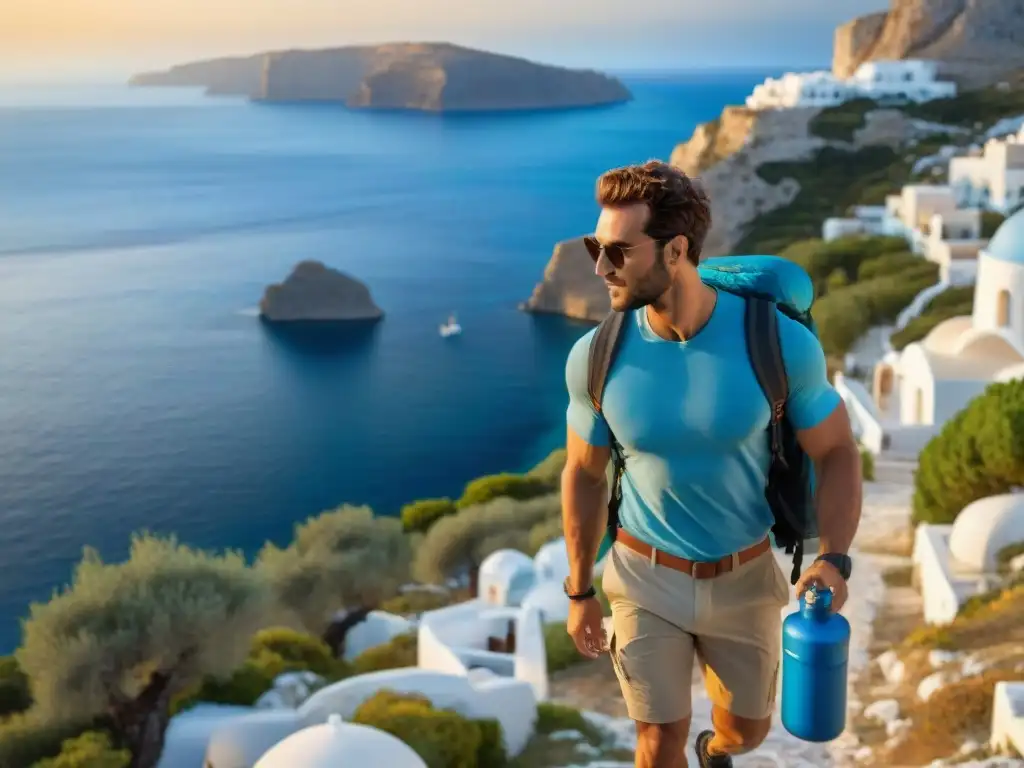 Grupo diverso de viajeros en una isla griega, vistiendo ropa eco y llevando botellas reutilizables, disfrutando de un atardecer mágico