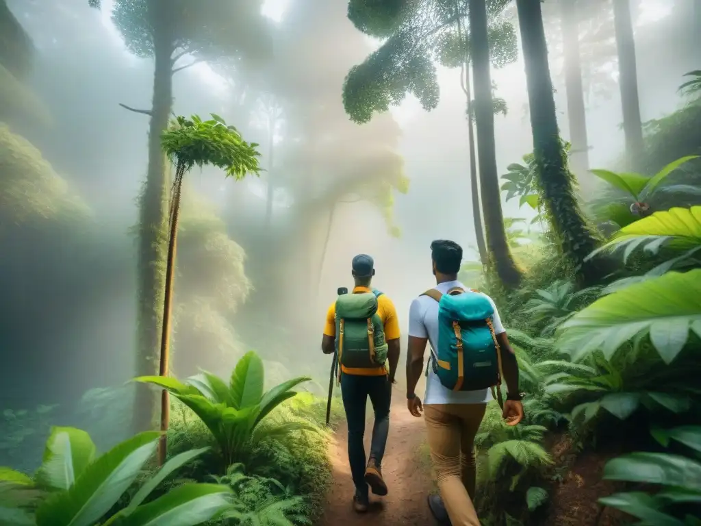 Grupo diverso de viajeros explorando sendero en bosque con guía local