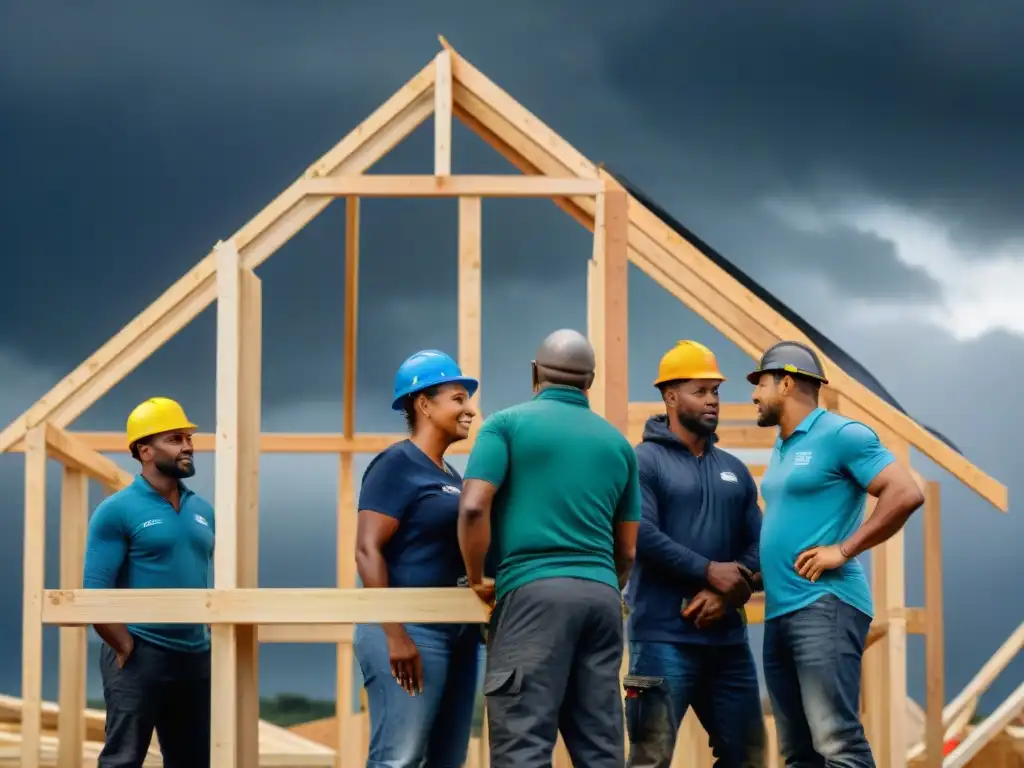 Grupo diverso construye viviendas antitormentas sostenibles fortalecimiento frente a nubes de tormenta