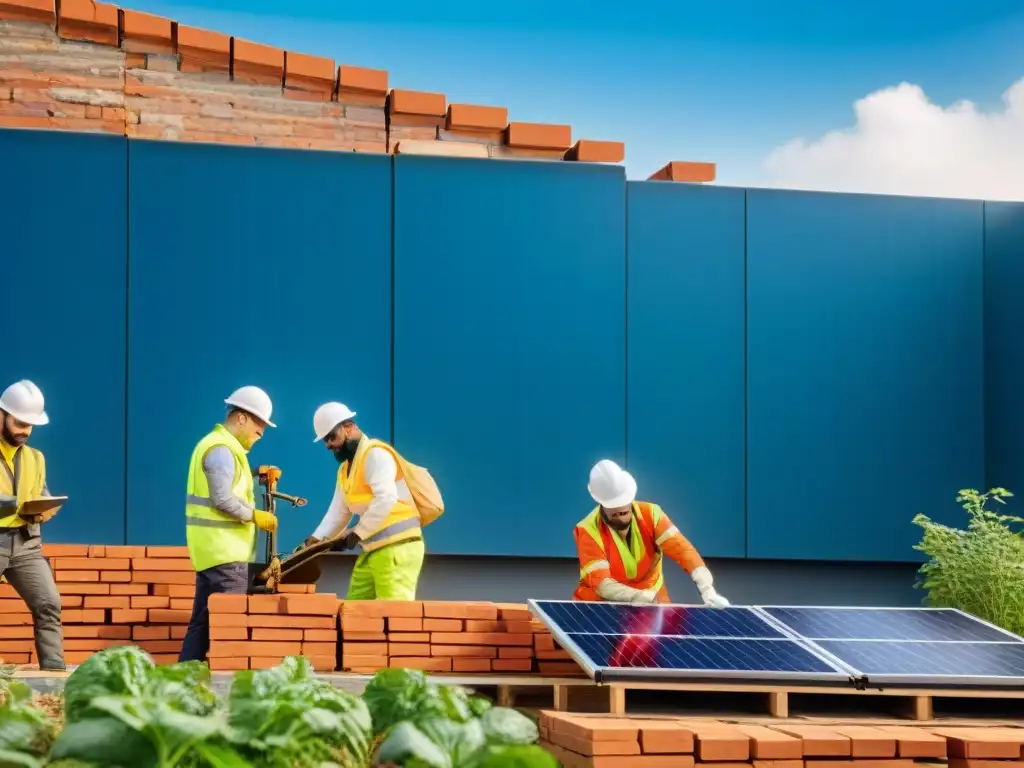 Construcción sostenible: equipo diverso en acción Un grupo diverso sonríe mientras construye viviendas verdes autogestión en armonía con la naturaleza