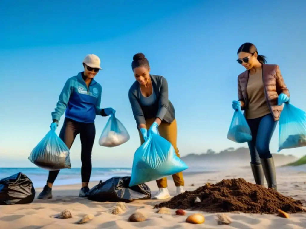 Un grupo diverso de voluntarios recogiendo basura en la playa, transmitiendo valores de comunidad y sostenibilidad