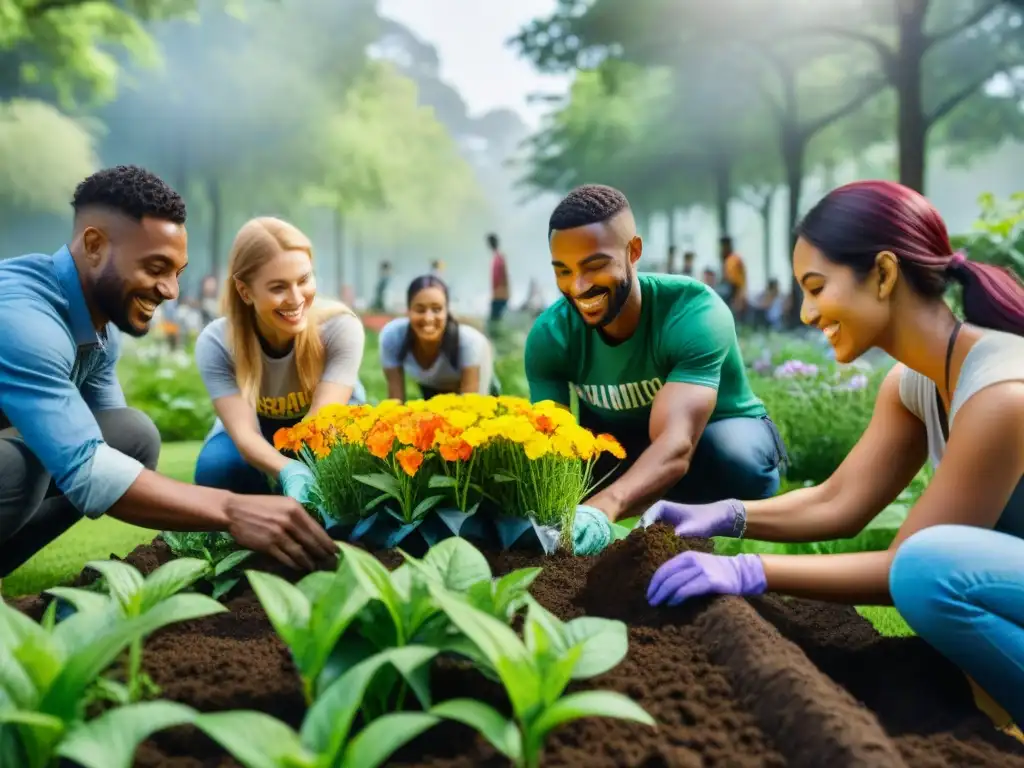 Un grupo diverso de voluntarios planta flores coloridas en un parque público verde y frondoso