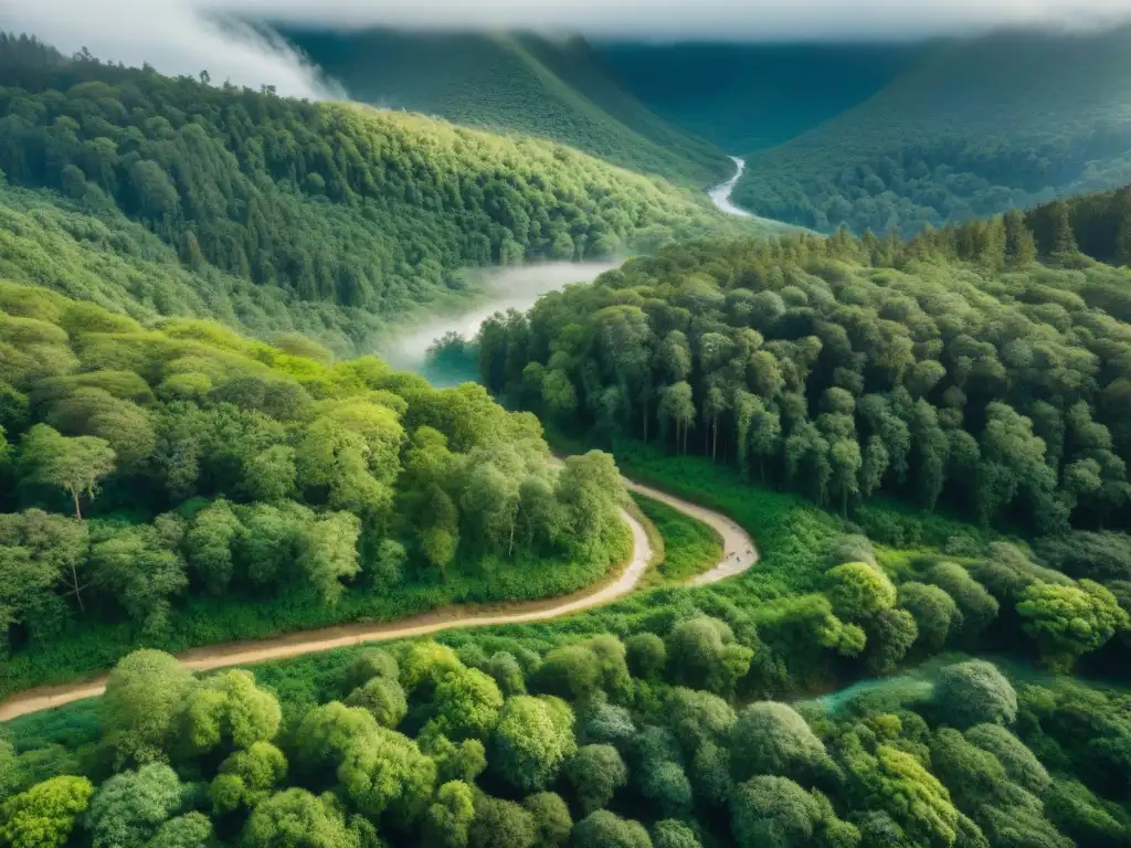 Un grupo de excursionistas en una exuberante selva, siguiendo un sendero marcado, en armonía con la naturaleza