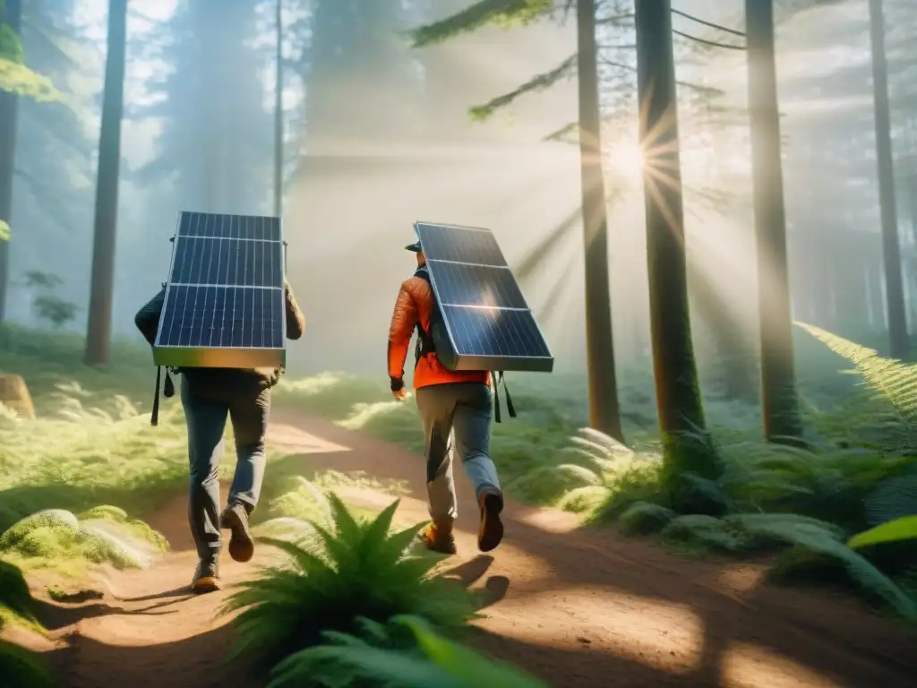 Un grupo de excursionistas con paneles solares portátiles ecológicos, explorando un bosque soleado y exuberante