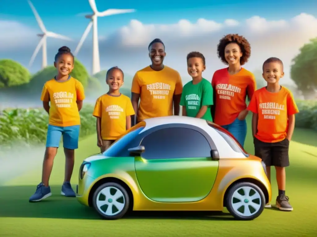 Un grupo de niños diversos rodea un auto solar, aprendiendo sobre transporte verde para niños en un parque sostenible