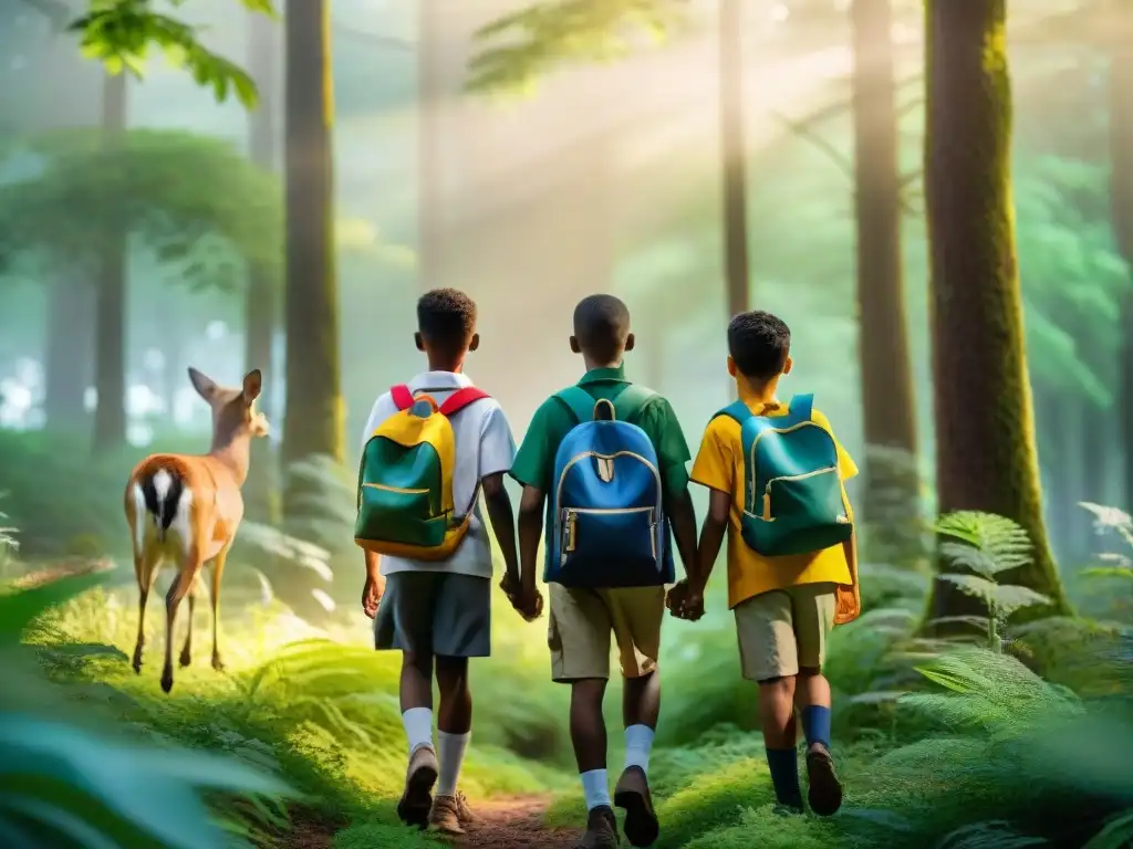 Un grupo de niños explorando un bosque lleno de vida, resaltando la educación ambiental y la conexión con la naturaleza