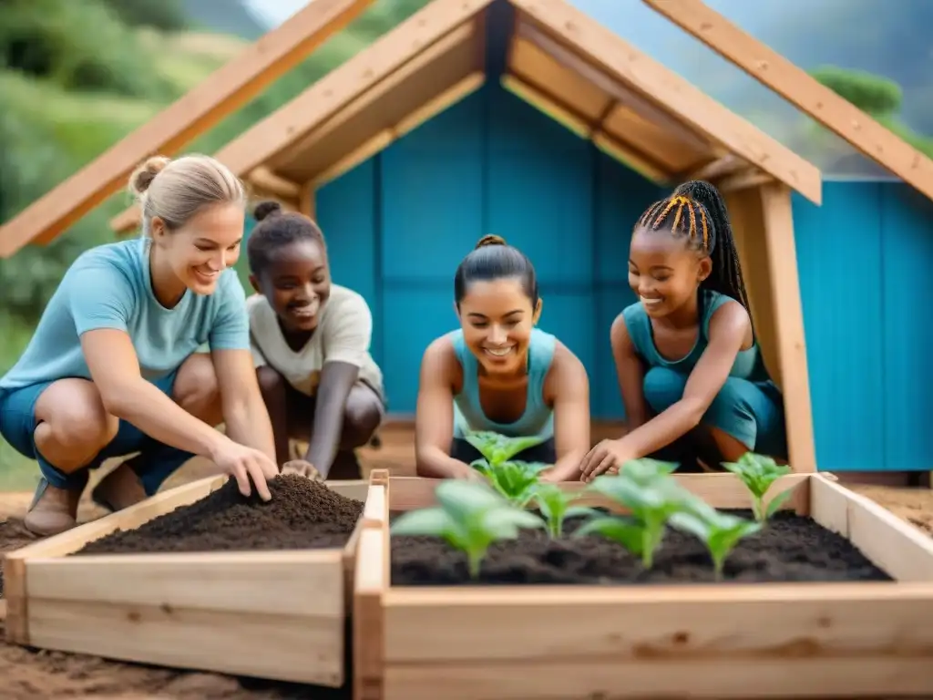 Grupo de niños diversos construyendo juntos una casa ecológica