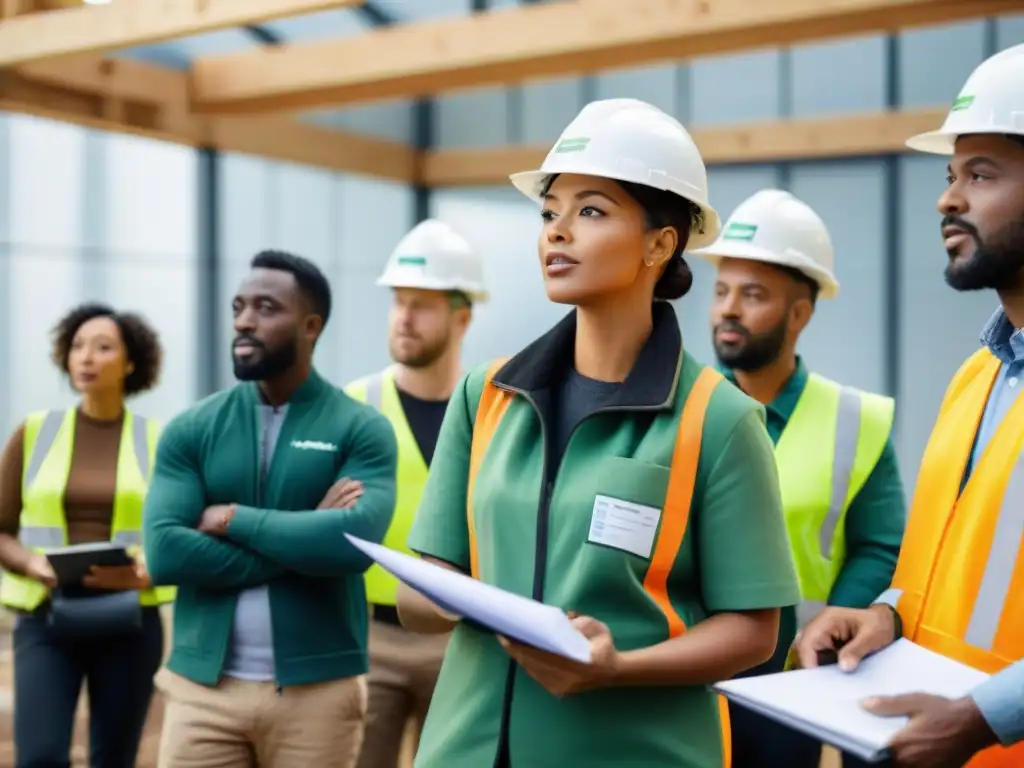 Grupo de principiantes en construcción verde escuchando entusiasmados los fundamentos ecológicos en un taller vibrante