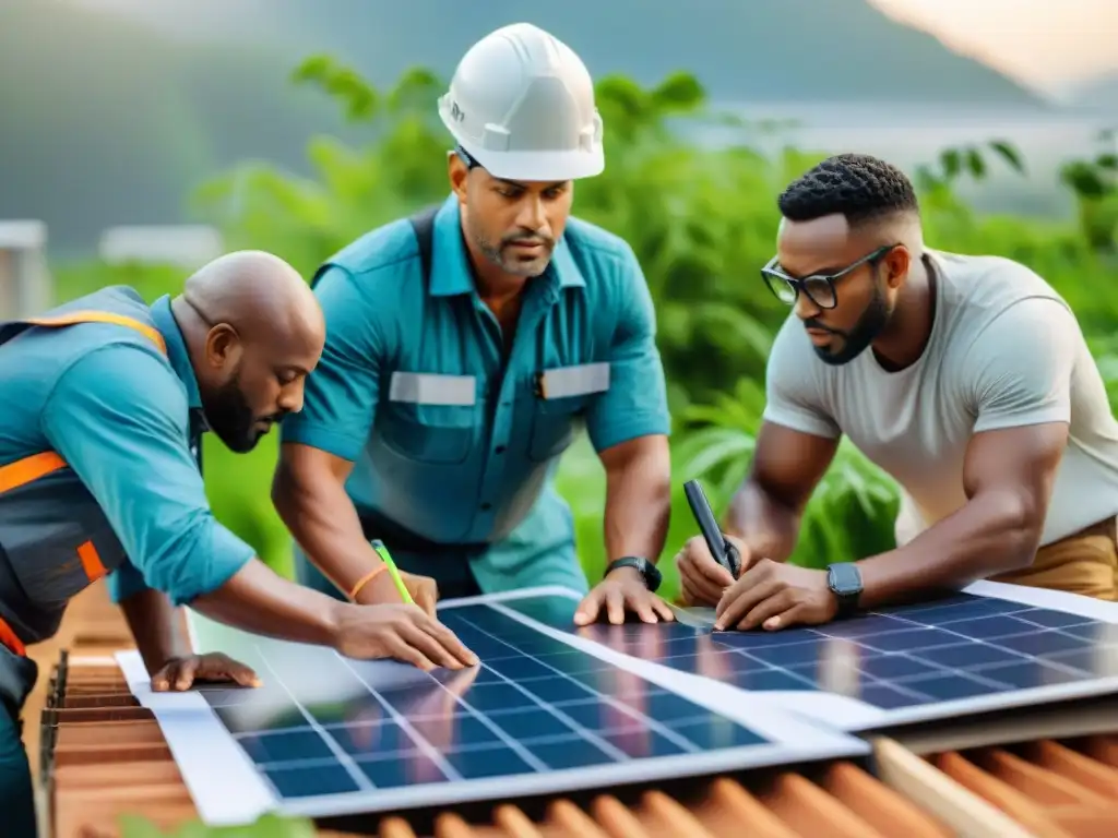 Un grupo de trabajadores de la construcción y arquitectos colaborando en diseños sostenibles, rodeados de planos, paneles solares y vegetación, discutiendo y señalando materiales ecológicos