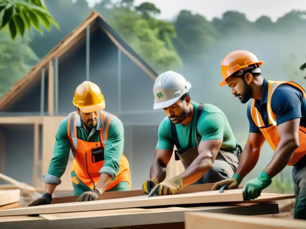 Un grupo de trabajadores de la construcción construyendo una casa ecoamigable con materiales reciclados, rodeados de madera y metal