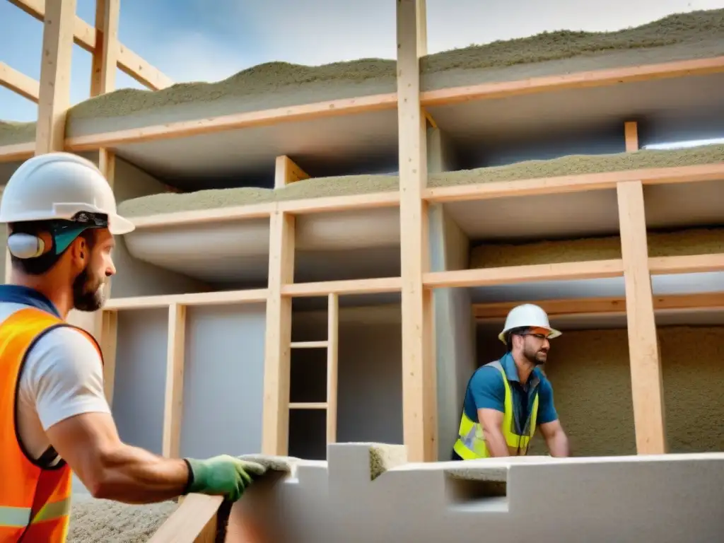 Grupo de trabajadores en Construcción sostenible con cáñamo, armando estructura ecoamigable