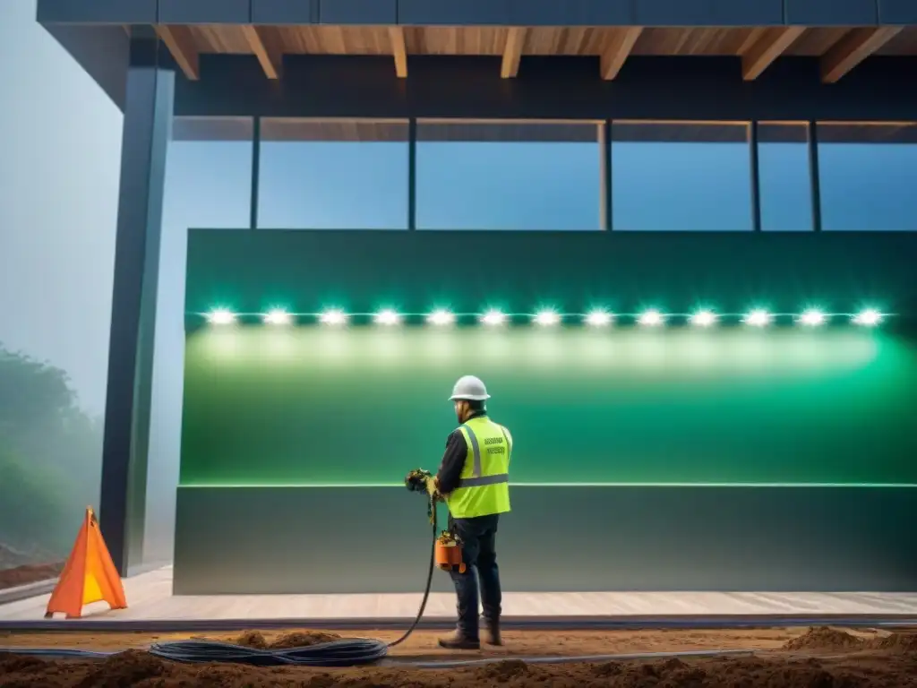 Grupo de trabajadores instalando luces LED recicladas en edificio verde, fusionando tecnología ecoamigable con prácticas sostenibles