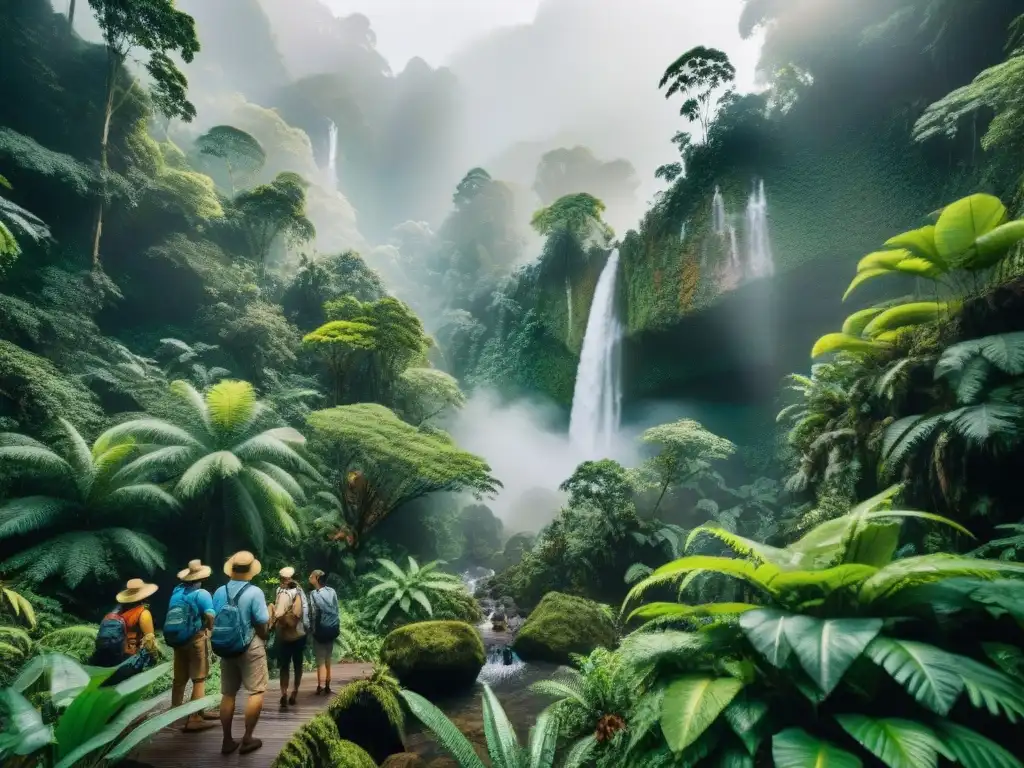 Grupo de turistas en excursión ecoturística guiados por experto local, destacando flora y fauna en selva