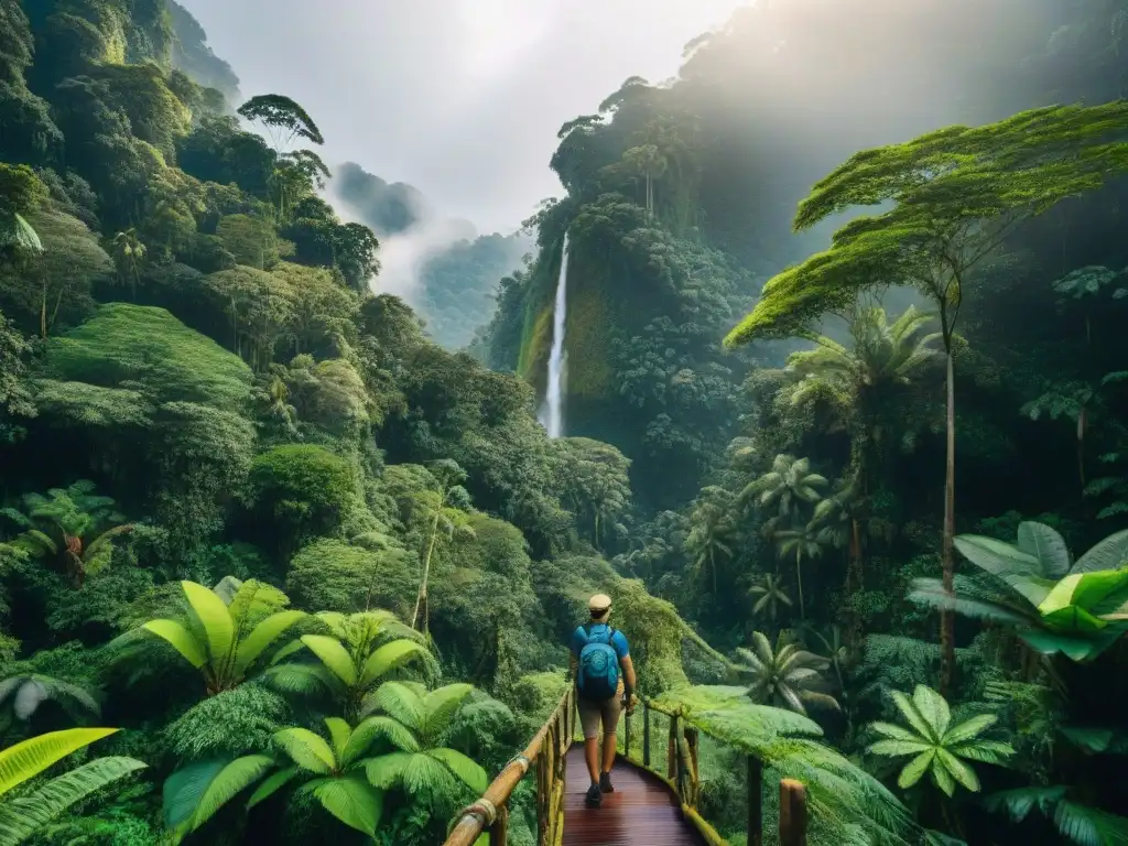 Un grupo de turistas en turismo responsable, explorando una selva con guía local