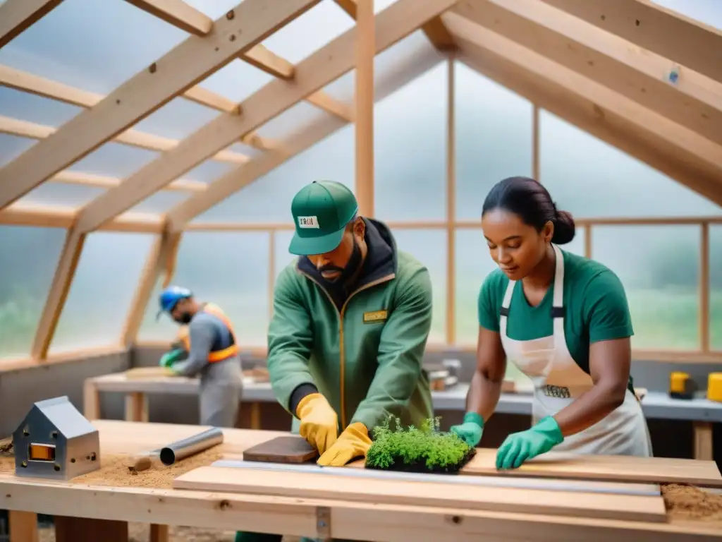 Construcción colaborativa de casa ecológica: detalle y pasión Grupo variado construyendo juntos una vivienda verde autogestión en un taller, mostrando colaboración y pasión por la construcción