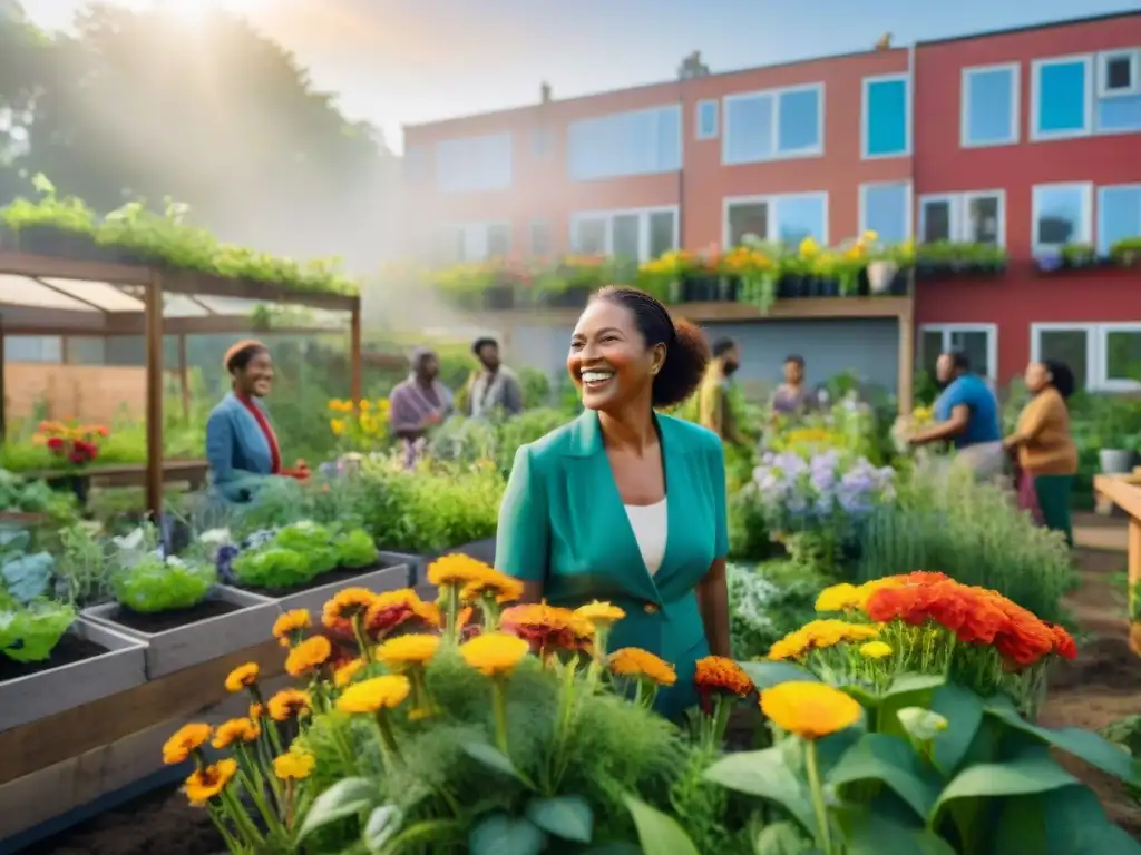 Grupo variado cuida jardín urbano, rodeado de flores coloridas y vivas plantas verdes