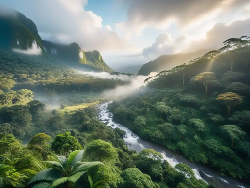 Un grupo de viajeros explorando un exuberante bosque tropical, con árboles gigantes, vegetación vibrante y un arroyo cristalino