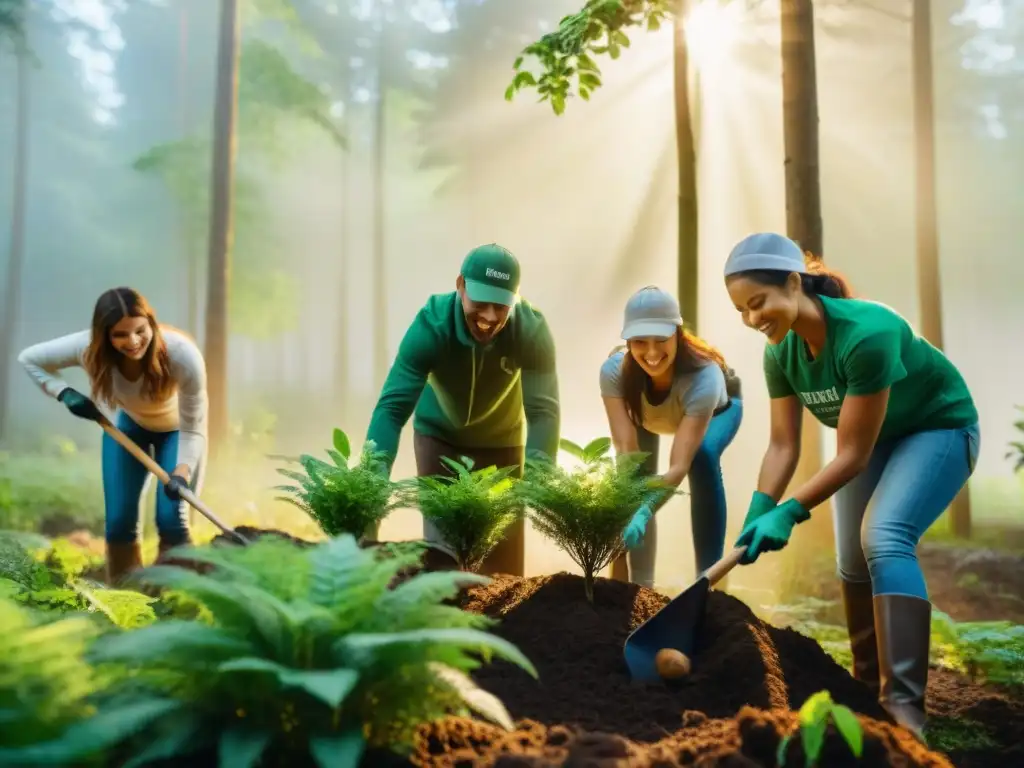 Un grupo de voluntarios entusiastas plantando árboles con herramientas sostenibles en un bosque verde