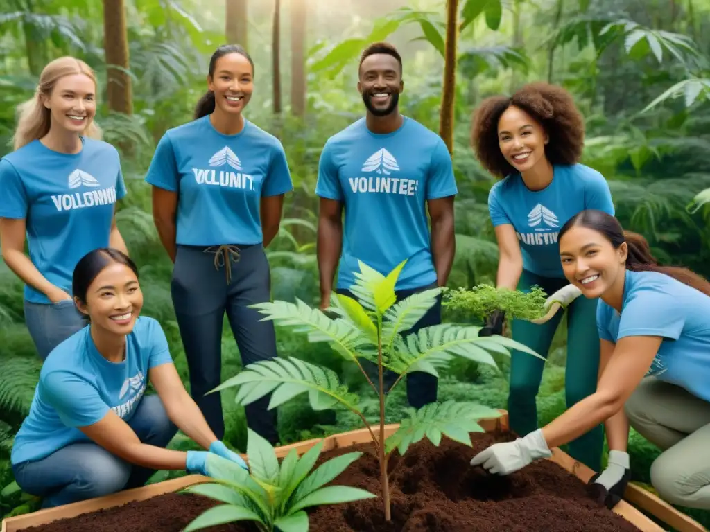 Un grupo de voluntarios entusiastas plantando árboles en un bosque exuberante, con camisetas de una organización de vida sostenible