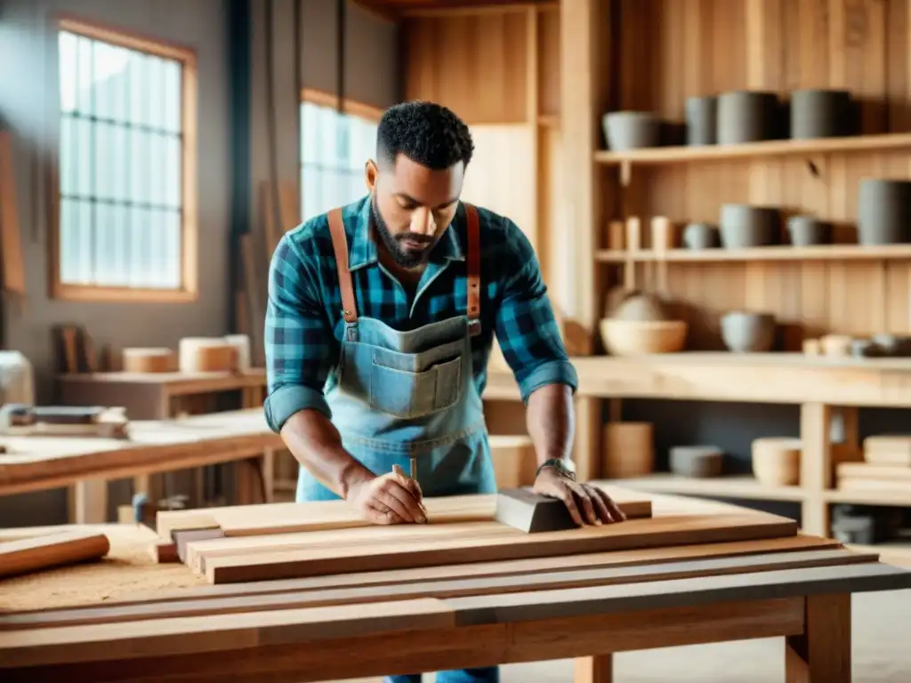 Un hábil artesano crea una mesa de comedor con madera reciclada en un taller soleado