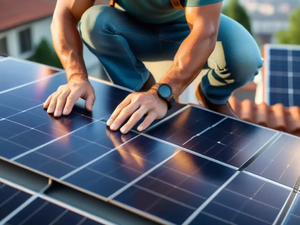 Un hábil artesano instala paneles solares en un techo residencial, mostrando la precisión en mejoras sostenibles en el hogar