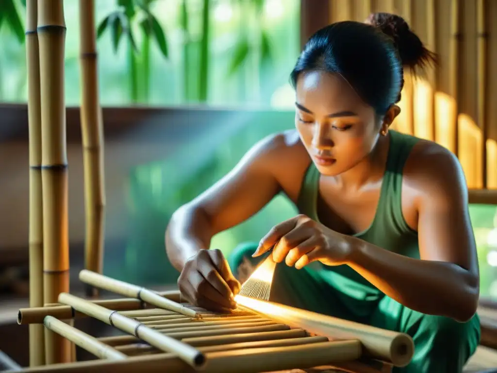 Un hábil artesano crea una pieza de mobiliario de bambú en un taller soleado, destacando la decoración sostenible con bambú