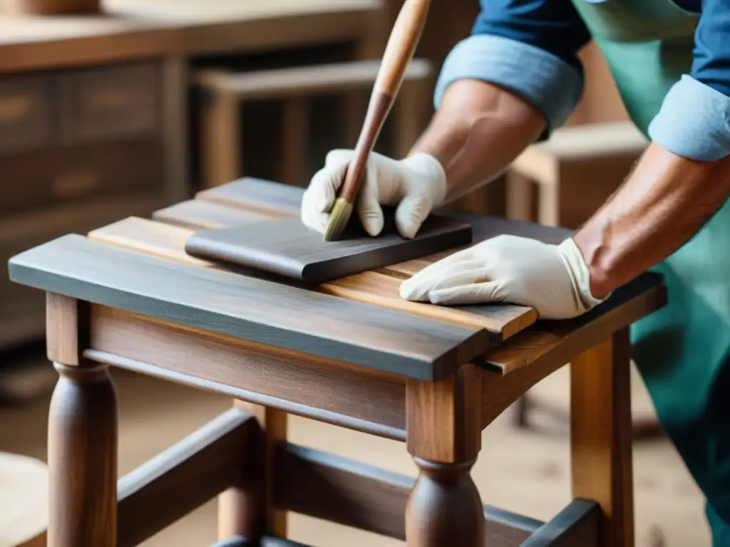 Un hábil artesano restaura una silla de madera rodeado de herramientas, destacando la artesanía en la restauración de muebles usados ecológica