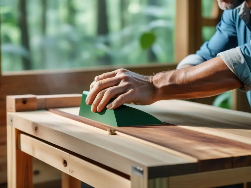 Un hábil carpintero crea una silla elaborada en madera sostenible en un taller rodeado de naturaleza