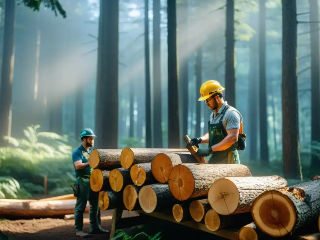 Hábiles carpinteros en el bosque cortando y dando forma a grandes troncos de madera sostenible para construcción, bajo la cálida luz del sol