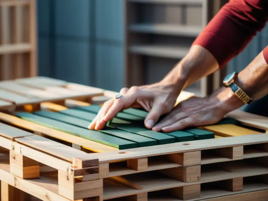 Hábiles manos de artesano transformando pallets en muebles, destacando la reutilización de materiales en arquitectura