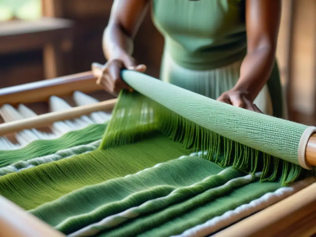 Hábiles manos tejen con cuidado textiles orgánicos en telares, armonía con la naturaleza