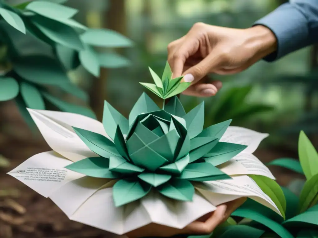 Hábiles manos moldean papel reciclado en flores origami en un bosque verde, simbolizando Papel reciclado decorativos ecológicos