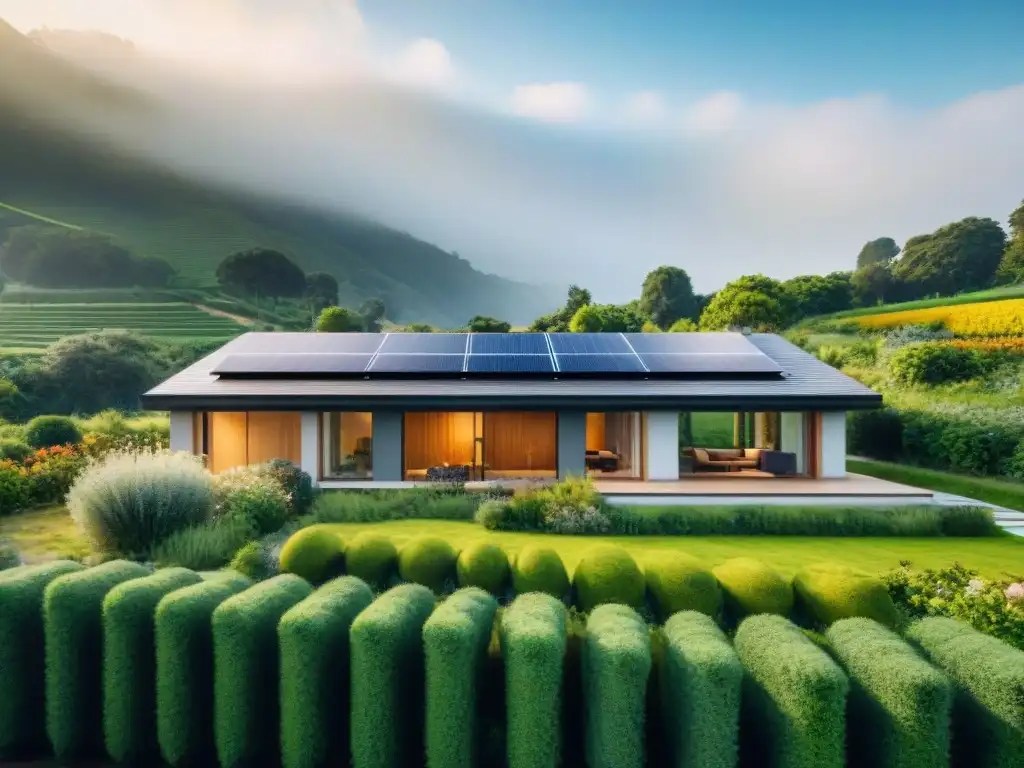 Hermosa casa ecoamigable con paneles solares y jardín sostenible