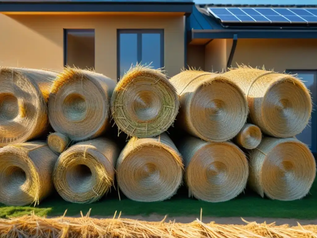 Hermosa casa sostenible hecha de paja, con patrón tejido detallado y paneles solares en el techo