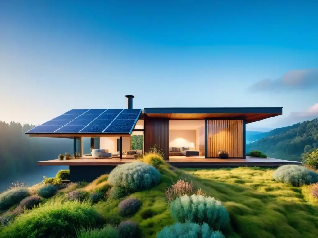 Hermosa casa sostenible con paneles solares, techo verde y paisaje ecológico