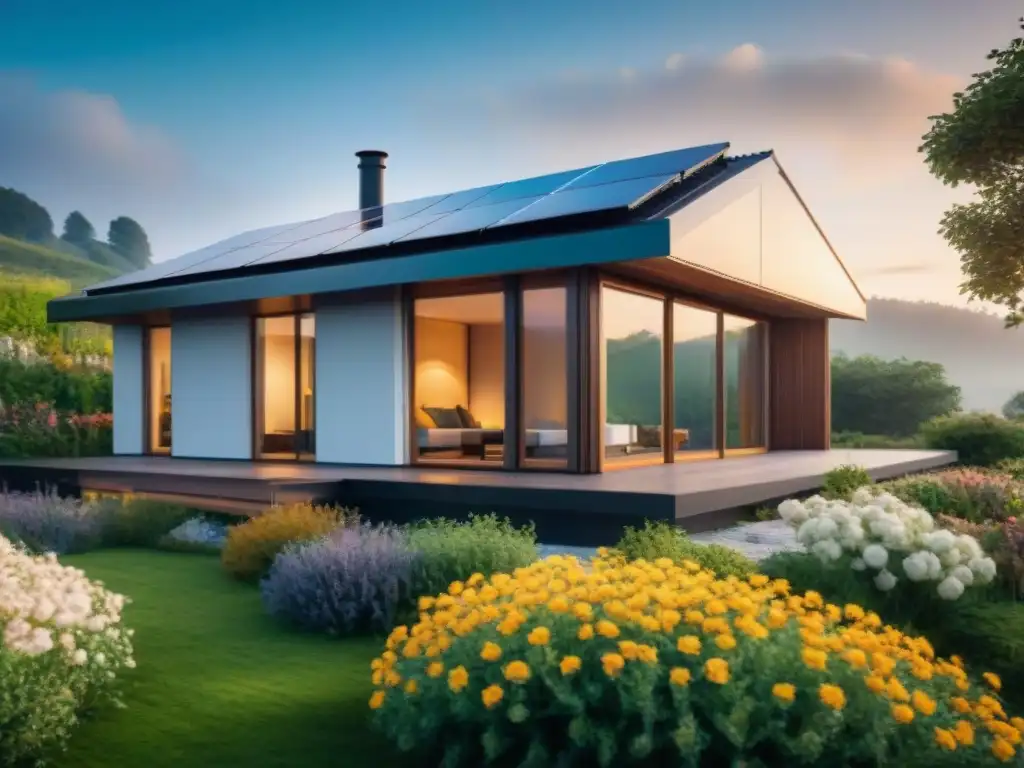 Hermosa casa ecofriendly con paneles solares, jardín colorido y diseño innovador para construcción pasiva eficiencia energética