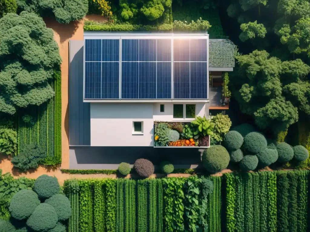 Hermosa casa ecológica rodeada de vegetación con paneles solares en el techo