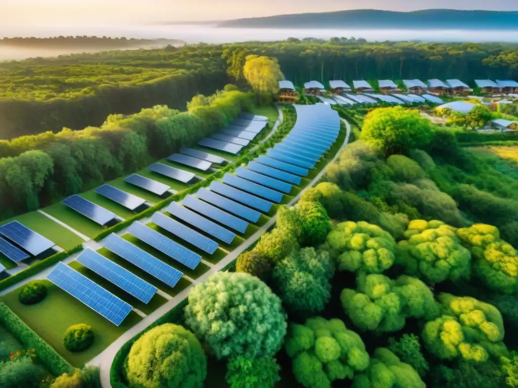 Hermosa vista aérea de un ecobarrio sostenible con casas verdes, paneles solares y paisajes ecológicos, reduciendo la huella ambiental