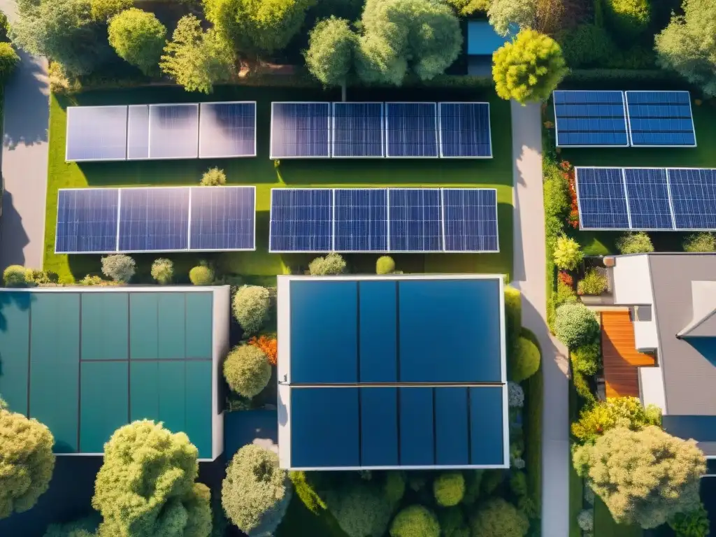 Hermosa vista aérea de vecindario ecológico con paneles solares en tejados y jardines verdes