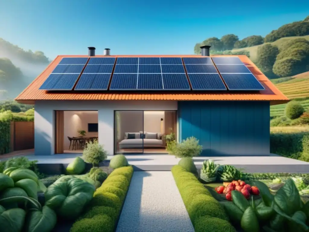 Hermosa vivienda ecoamigable con paneles solares rodeada de vegetación exuberante y cielo azul