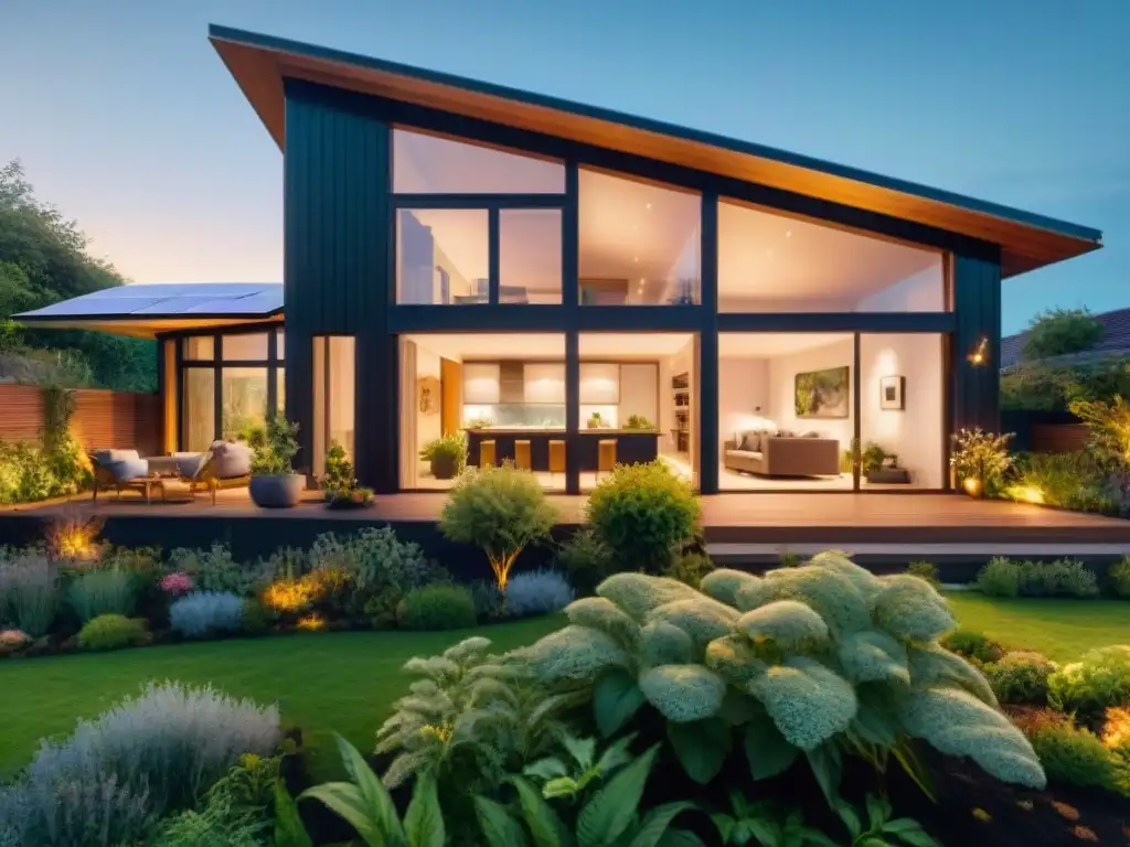 Hermosa vivienda sostenible con jardín nativo al atardecer, transmitiendo paz y equilibrio