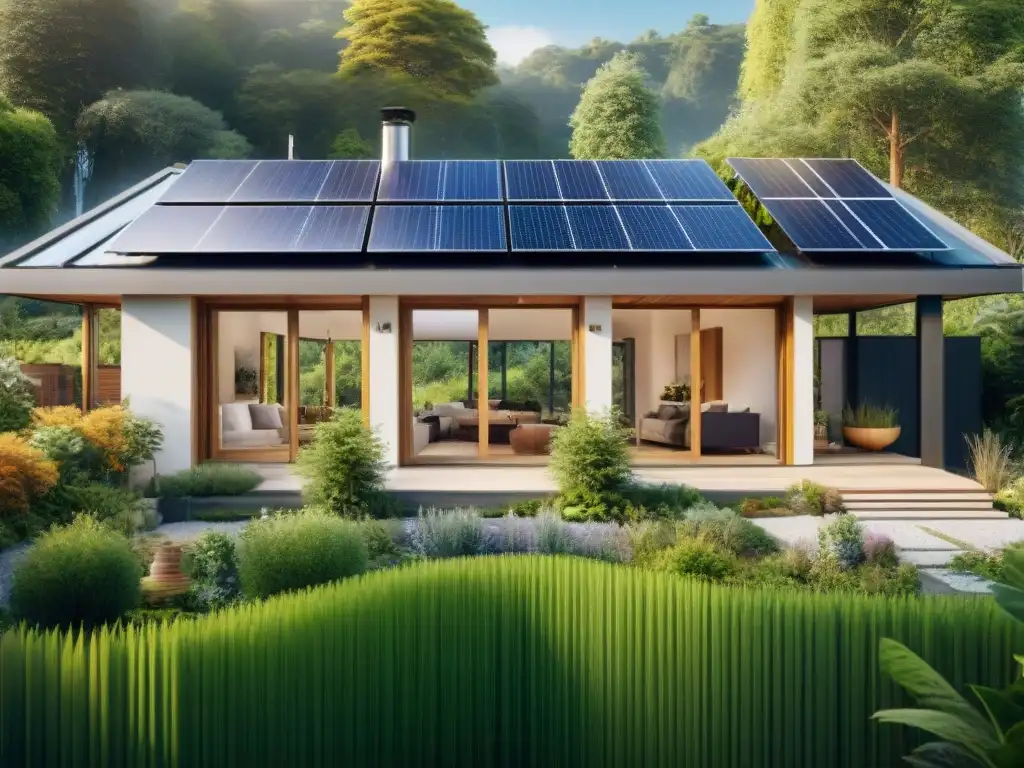 Hermosa vivienda sostenible rodeada de naturaleza, paneles solares, y jardín ecológico