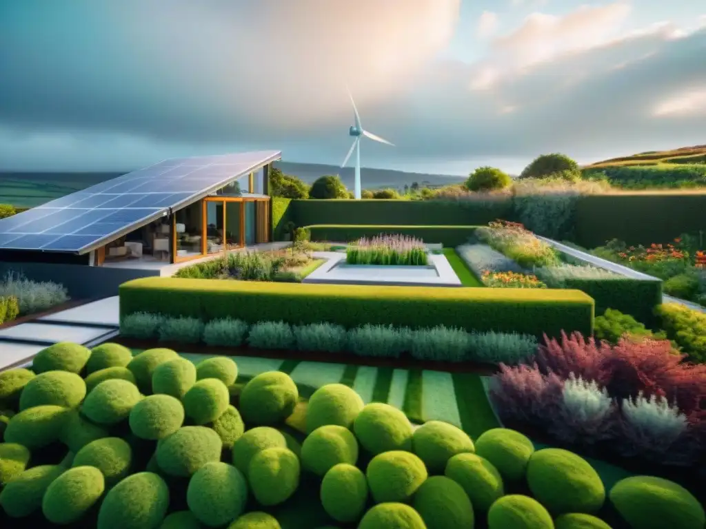 Hermoso jardín en la azotea de una casa moderna y eficiente, con paneles solares y una turbina eólica